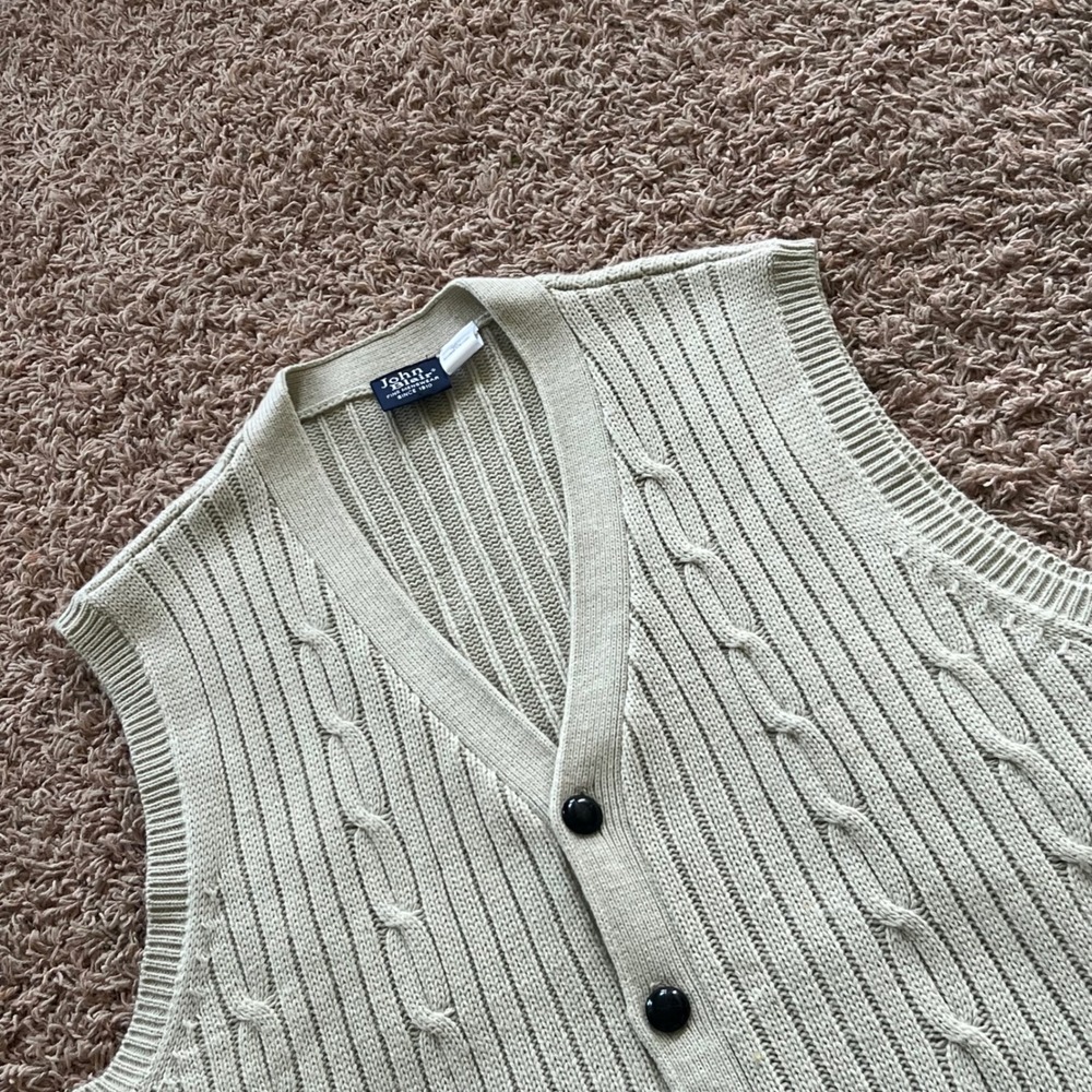 John Blair Mens Beige Cable Knit Button Front Cardigan Sweater Vest XLG 46055-04